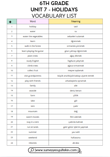 6th - UNIT 7 - VOCABULARY LIST